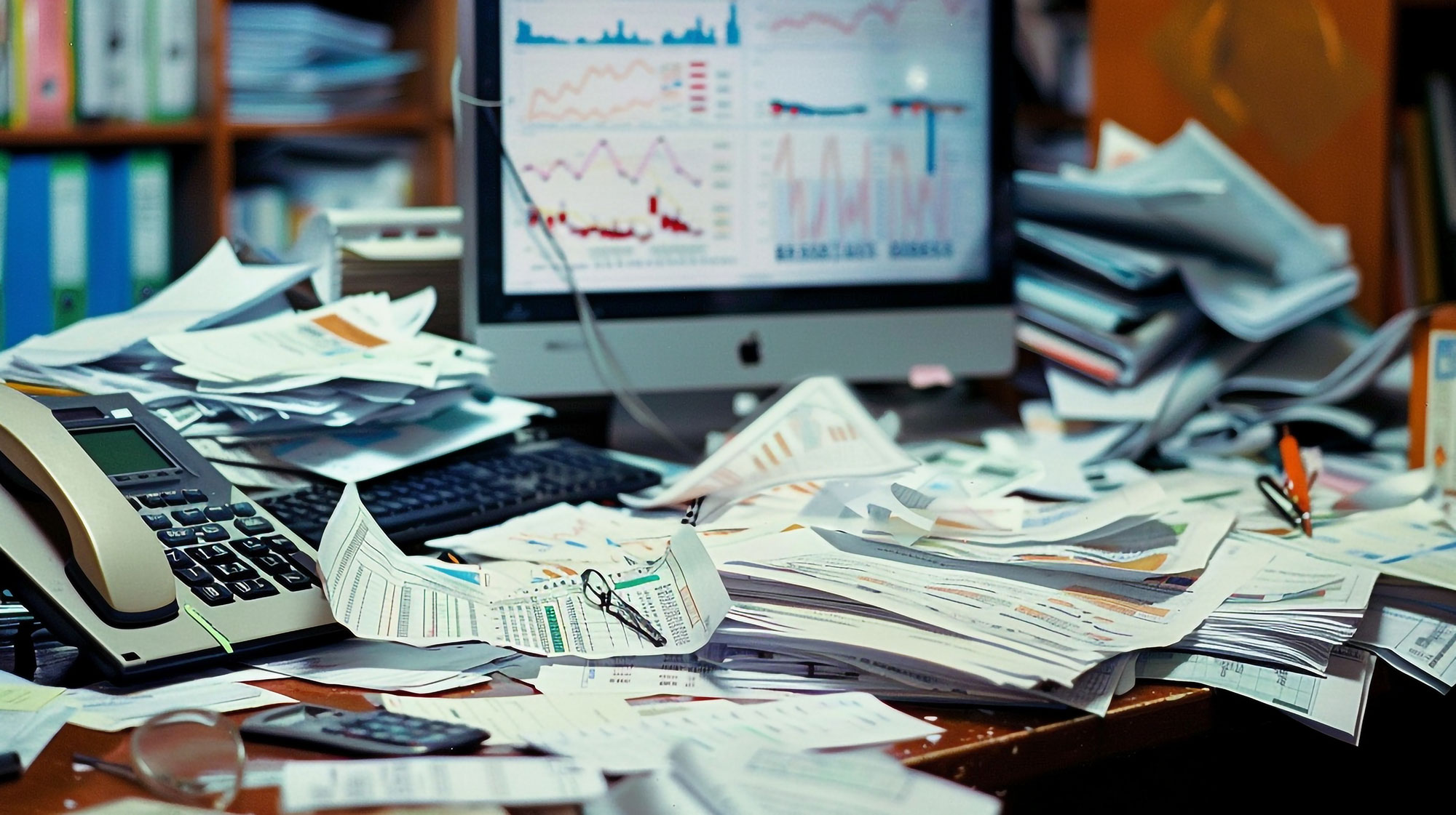 Computer on messy desktop