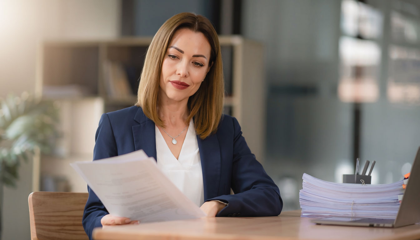 A professional reviewing documents sitting at a desk